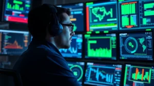 Cybersecurity professional monitoring multiple digital screens displaying network data streams and threat detection dashboards in a modern security operations center, blue and green holographic displays, serious focused expression