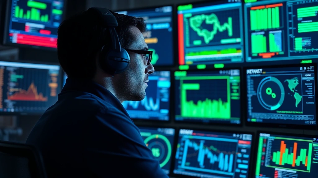 Cybersecurity professional monitoring multiple digital screens displaying network data streams and threat detection dashboards in a modern security operations center, blue and green holographic displays, serious focused expression