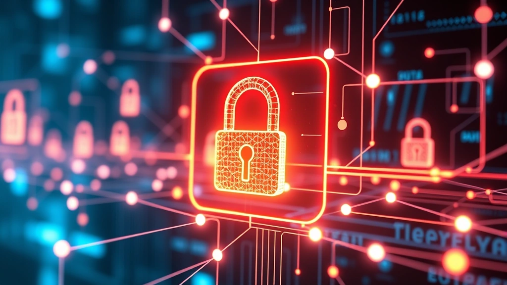 Data encryption visualization showing locked digital padlock symbols protecting sensitive information flowing through secure network connections, glowing security nodes interconnected, futuristic cybersecurity protection concept