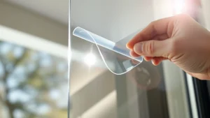 Close-up of transparent security film being applied to a glass window pane with professional precision, showing the adhesive layer and optical clarity, sunlight streaming through intact glass