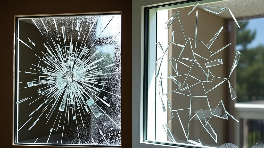 Split-screen comparison showing unprotected glass window shattering into dangerous fragments on one side and security film-protected window remaining intact with held-back glass pieces on the other side