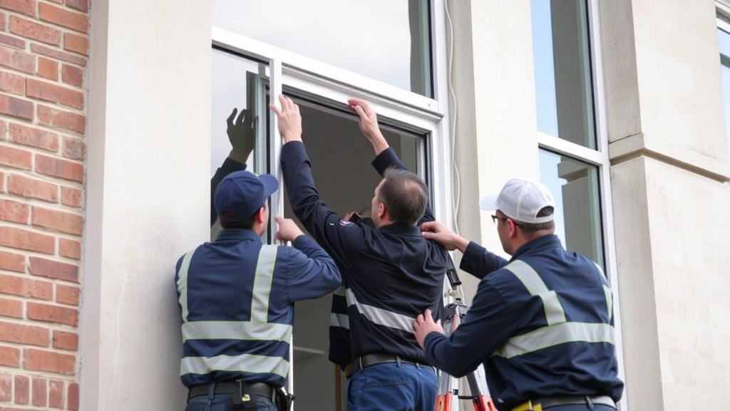 Professional security team installing reinforced window security system on a commercial building facade, showing frame reinforcement, proper edge sealing, and measuring equipment in use