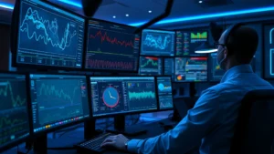 Cybersecurity analyst monitoring multiple screens displaying network traffic patterns, threat indicators, and security dashboards in a modern security operations center with ambient blue lighting and professional workspace setup