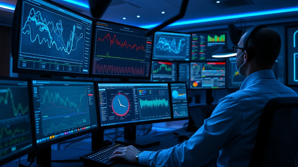 Cybersecurity analyst monitoring multiple screens displaying network traffic patterns, threat indicators, and security dashboards in a modern security operations center with ambient blue lighting and professional workspace setup