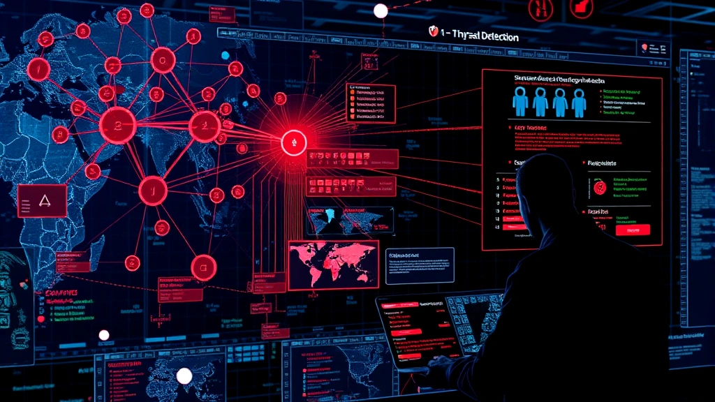 Advanced threat detection visualization showing network nodes, data flows, and attack vectors highlighted in red, with security analysts reviewing forensic evidence on sophisticated cyberattack patterns