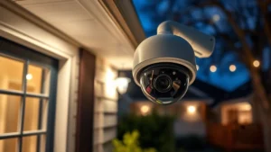 Professional security camera mounted on residential home exterior, nighttime setting with outdoor lighting, showing clear lens and weatherproof housing design, suburban architecture background