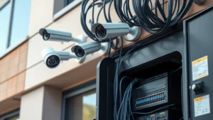 Professional network security setup with multiple security cameras mounted on building exterior, fiber optic cables, and network equipment in secured cabinet, photorealistic daytime shot