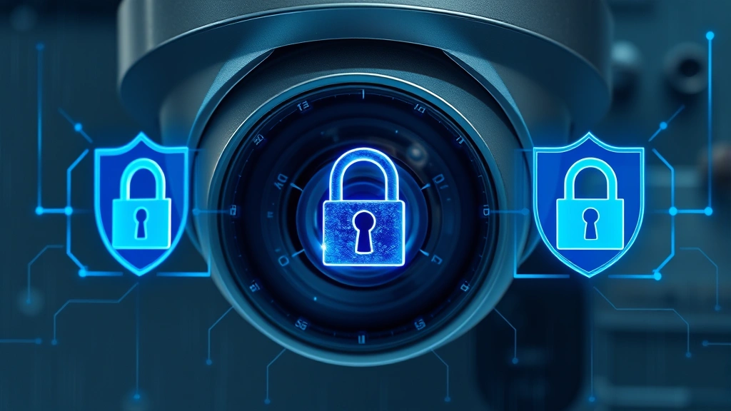 Close-up of modern security camera with encryption locks and cybersecurity shield overlays, professional installation with protective housing and weatherproof mounting, photorealistic