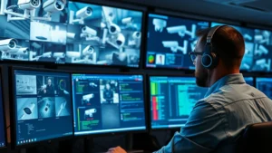 Professional network security analyst monitoring camera systems on multiple screens showing real-time surveillance feeds and security alerts, cybersecurity operations center environment