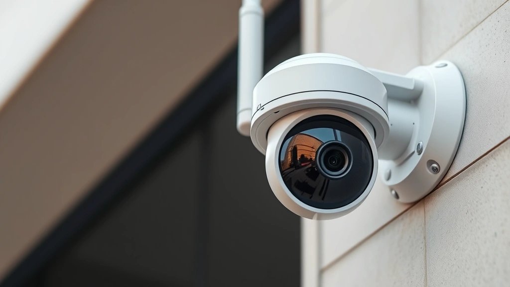 Close-up of modern 4G LTE security camera mounted on building exterior with protective housing, showing antenna and lens, professional installation
