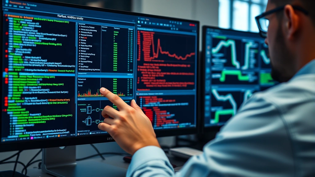 Cybersecurity professional reviewing security audit logs and network traffic analysis on computer display, data visualization of network connections and threat indicators