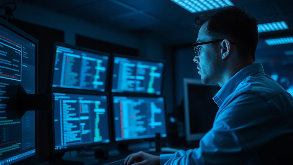 Professional cybersecurity analyst monitoring network traffic on multiple displays in darkened control room, blue security interface lighting, focused expression, no visible code or text on screens, high-tech surveillance center atmosphere