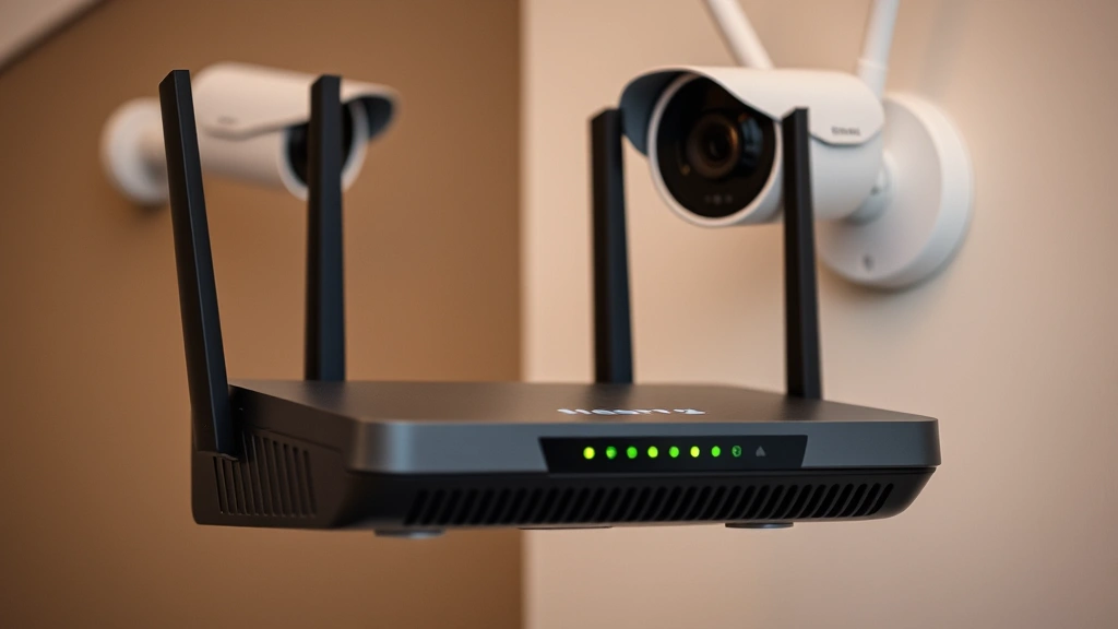 Close-up of secure router with LED indicators and wireless symbol, mounted on wall near security camera, professional networking equipment, clean installation, modern home security setup