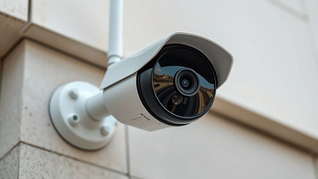 Close-up of a modern 4G security camera mounted on a building exterior, showing the cellular antenna and professional installation, daylight professional photography