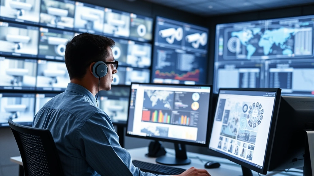 Cybersecurity analyst monitoring multiple camera feeds on a desktop computer with data visualization and network diagrams displayed on screens in a modern security operations center