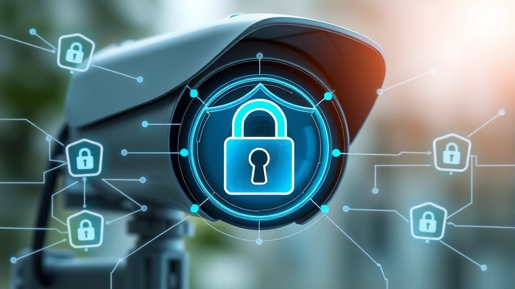 Padlock icon overlaid on a 4G security camera with digital security shield elements and encrypted data streams flowing around it, representing network security protection