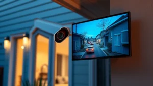 Professional outdoor security camera mounted on residential home exterior wall at dusk, 4K resolution display showing crystal-clear street view with vehicle details visible, modern sleek design with weatherproof housing