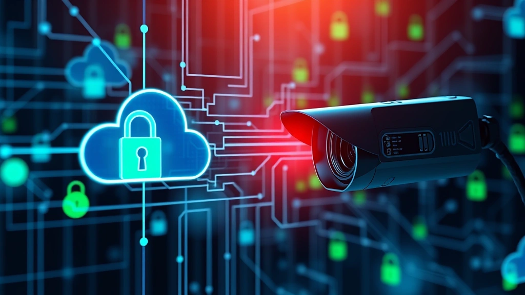 Network security concept visualization showing encrypted data transmission between camera and secure cloud server, digital padlock symbols, green security indicators, modern tech aesthetic without text