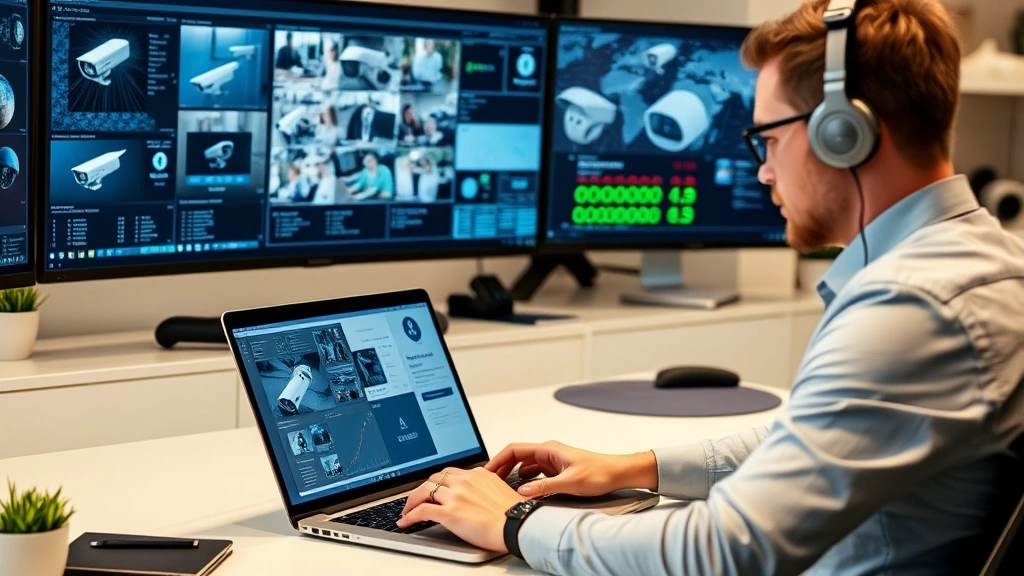 Cybersecurity expert reviewing security camera system on laptop screen in home office, multiple monitor displays showing surveillance feeds, security dashboards, and encryption protocols, professional environment
