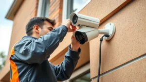 Professional technician installing weatherproof 4K security camera on building exterior, using mounting bracket and Ethernet cable, daylight outdoor setting, realistic detail on equipment
