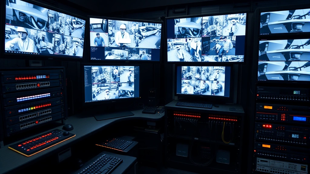Network server room with multiple monitors displaying 4K surveillance feeds, NVR equipment with blinking indicator lights, organized Ethernet cable management, professional security operations center