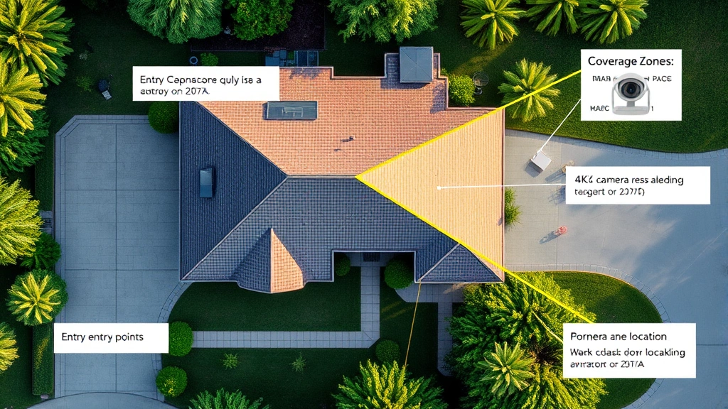 Overhead view of residential property showing strategic 4K camera placement at entry points, corners, and perimeter locations with coverage zones highlighted, satellite-style perspective