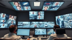 Professional security monitoring center with multiple 4K camera feeds displaying crystal-clear facial details and vehicle information on large control room displays, technicians analyzing surveillance footage