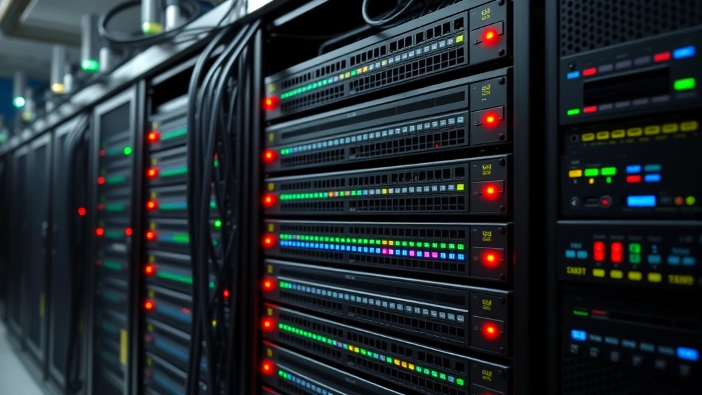 Data center with network switches and storage servers dedicated to surveillance systems, LED indicator lights showing active connections and data flow for security infrastructure