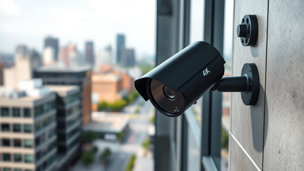 Professional 4K security camera mounted on modern building exterior, sleek black finish, LED indicator light, overlooking urban landscape with buildings and streets in soft focus background, daylight, high-quality photorealistic render