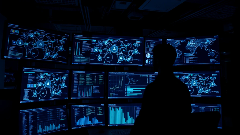 Network security monitoring dashboard displayed on multiple screens in dark cybersecurity operations center, glowing network nodes and connection lines, professional security analyst silhouette, blue and green data visualizations, no text or code visible