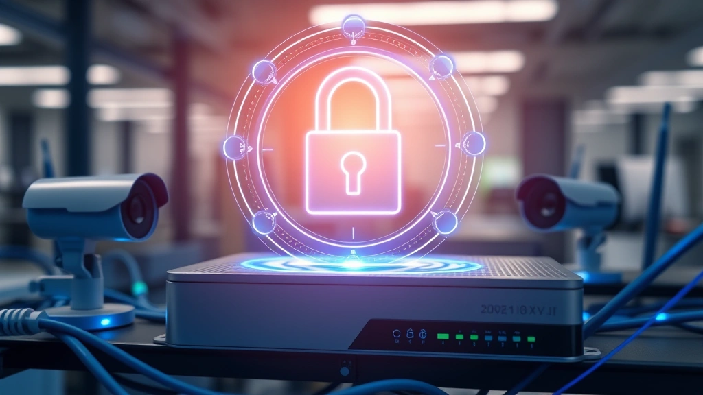 Close-up of secure network infrastructure with encrypted lock symbol holographically displayed above connected camera and router devices, blue security aura around equipment, modern office environment, photorealistic with depth of field