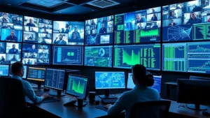 Professional network security operations center with multiple screens displaying camera feeds and network monitoring dashboards, cybersecurity analysts working at desks, blue and green data visualizations, modern enterprise security environment, photorealistic