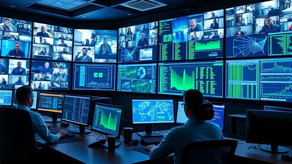 Professional network security operations center with multiple screens displaying camera feeds and network monitoring dashboards, cybersecurity analysts working at desks, blue and green data visualizations, modern enterprise security environment, photorealistic
