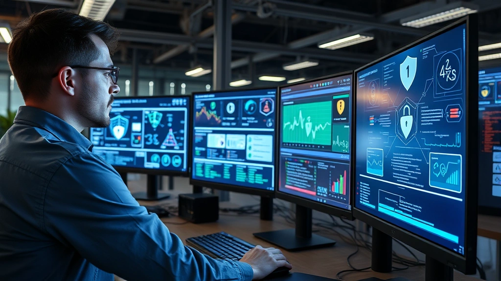Cybersecurity professional reviewing security protocols on multiple monitors, encryption algorithms and security frameworks displayed, data protection visualization, modern office environment with security infrastructure, photorealistic