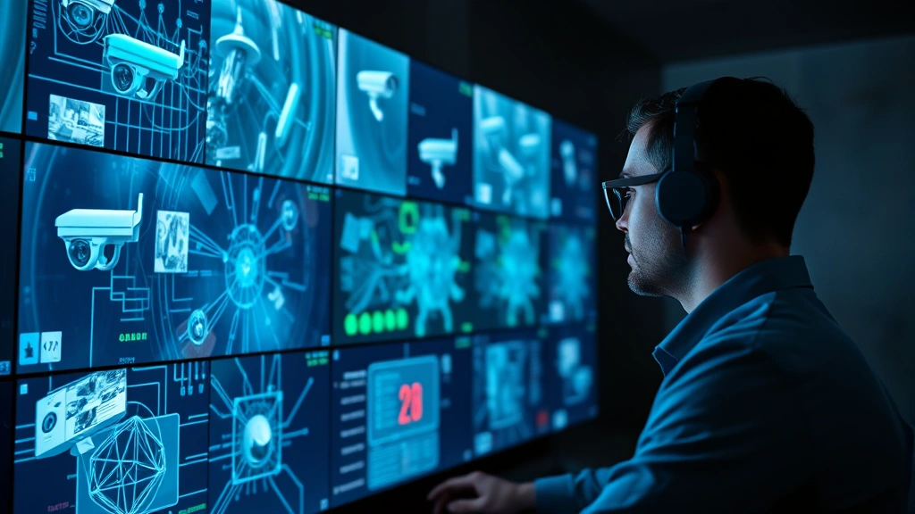 Professional cybersecurity analyst monitoring multiple security camera feeds on a darkened control room display wall with blue and green network visualization overlays, representing threat detection and network monitoring systems