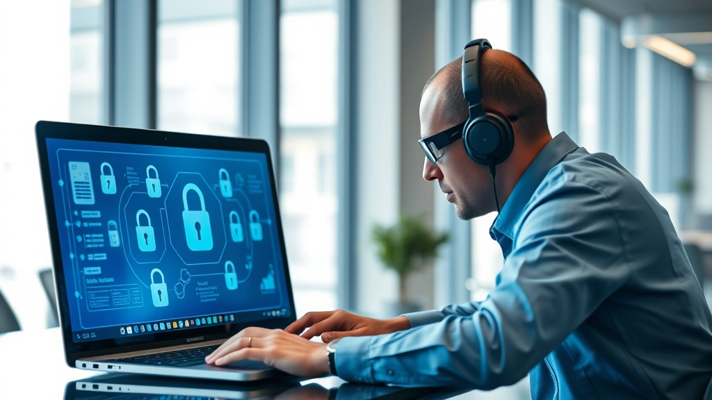 Cybersecurity expert in a modern office reviewing surveillance system architecture on a laptop screen, with digital lock icons and network security diagrams visible, representing security assessment and vulnerability analysis