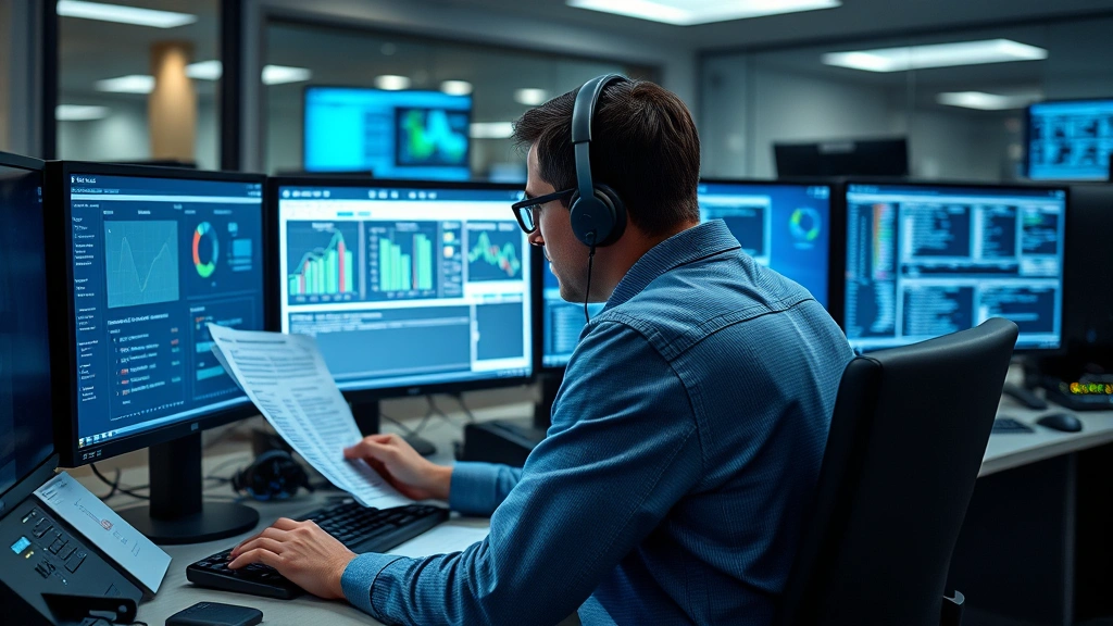 Cybersecurity analyst reviewing classified documents at secure workstation, multiple monitors showing data analysis, professional office environment, focused work setting, no visible text on screens