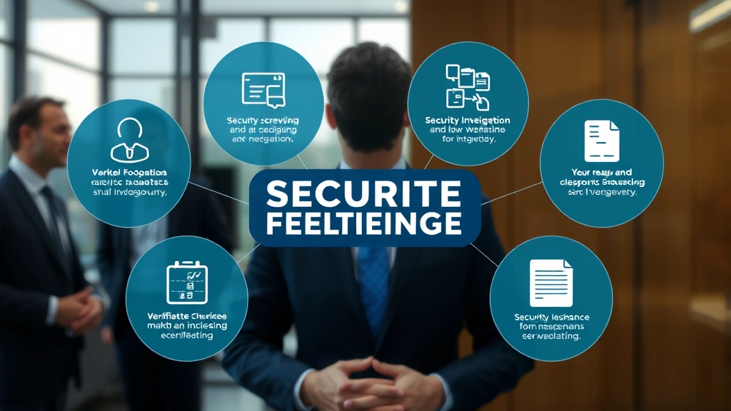 Security clearance investigation process visualization showing verification checks, background screening elements, official documentation, compliance procedures, professional setting