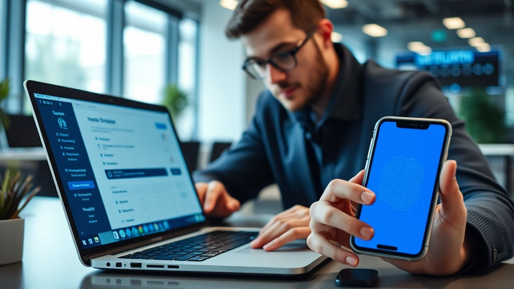 Cybersecurity professional reviewing multi-factor authentication setup on laptop and smartphone with biometric fingerprint sensor visible, modern office setting with blue security interface elements