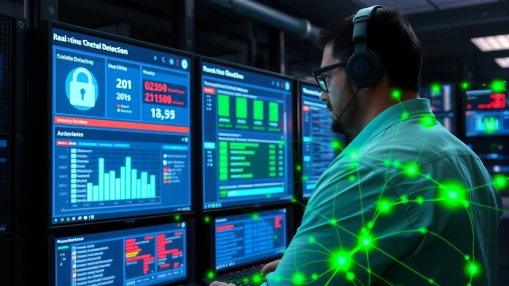 Data center technician monitoring security dashboard with real-time threat detection alerts, green network visualization showing encrypted data packets flowing across servers