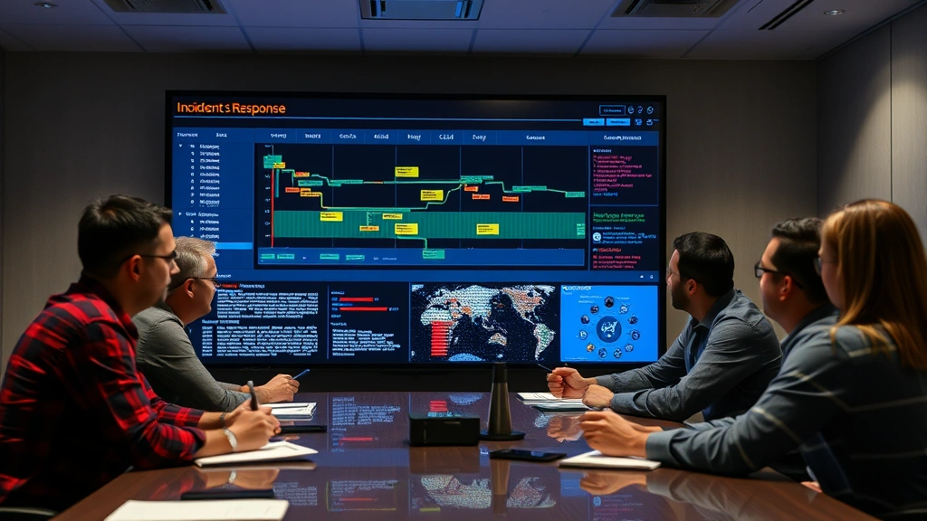 Security incident response team in conference room reviewing incident timeline on large display screen, analyzing breach forensics with team members taking notes