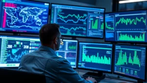 Professional cybersecurity analyst monitoring multiple digital screens displaying real-time network traffic patterns and security dashboards with blue and green data visualizations