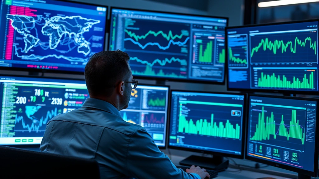 Professional cybersecurity analyst monitoring multiple digital screens displaying real-time network traffic patterns and security dashboards with blue and green data visualizations