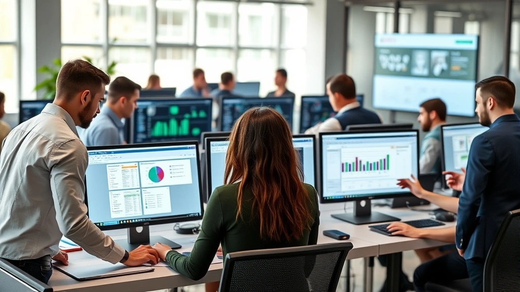 Diverse professionals in a corporate environment reviewing security compliance documentation and risk assessment matrices on collaborative digital workstations