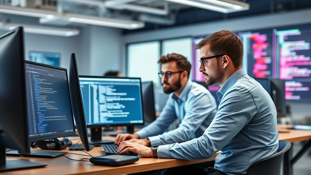 Team of security analysts reviewing code vulnerabilities and application security testing results on computer workstations in a collaborative development environment