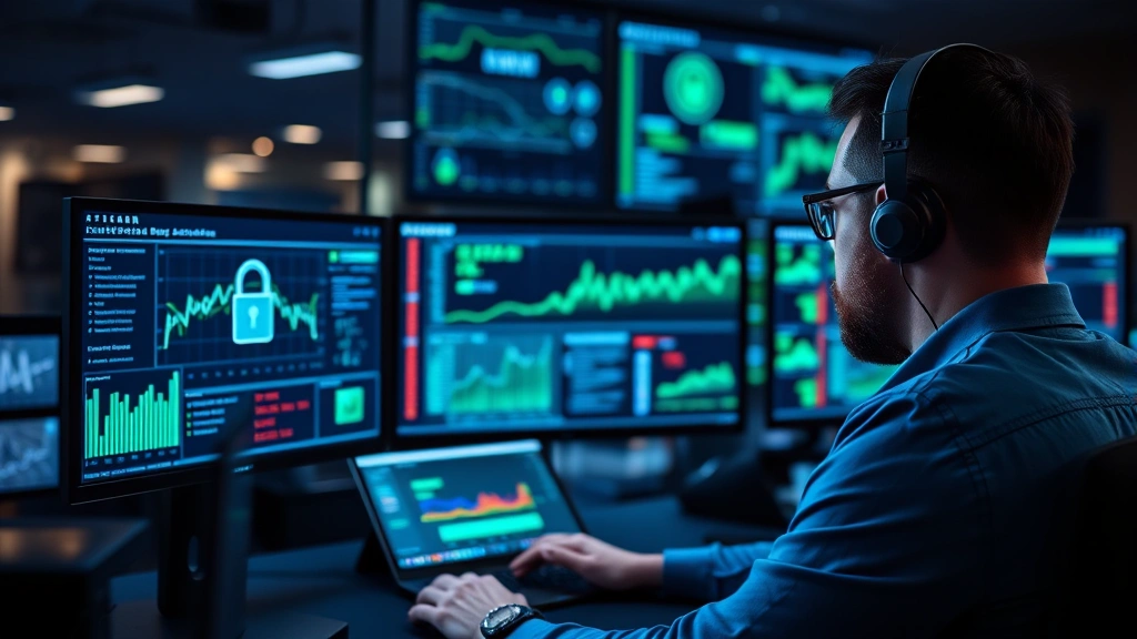 Professional cybersecurity analyst monitoring multiple digital security dashboards displaying encrypted data streams and network traffic analysis in a modern security operations center with blue and green holographic displays