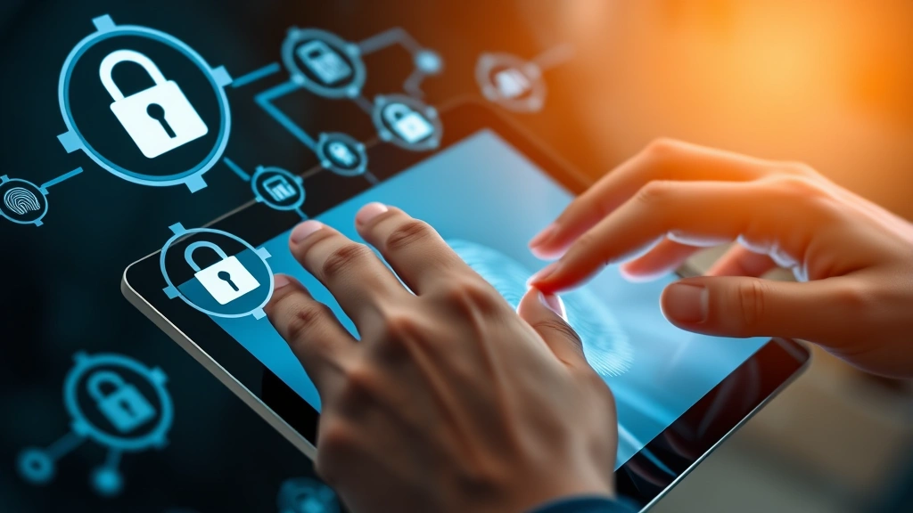 Close-up of a person's hands using biometric fingerprint scanner on a modern tablet device with digital lock icons and security authentication visual elements surrounding the screen