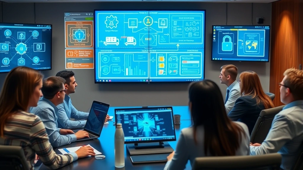 Diverse team of IT security professionals in a conference room reviewing security protocols on large monitors showing network infrastructure diagrams, access control systems, and data protection frameworks
