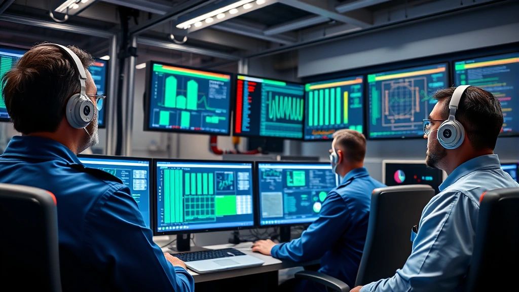 Photorealistic image of a modern energy control center with multiple monitors displaying grid management data, technicians in professional attire monitoring systems, blue and green indicator lights reflecting on their faces, sophisticated SCADA interface visible on screens, secure facility environment with professional lighting