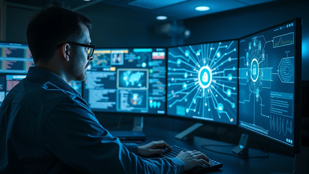 Photorealistic image of a cybersecurity professional analyzing network threats on multiple high-resolution displays, digital security visualization showing interconnected nodes and data flows, holographic-style threat indicators, dark control room with ambient blue lighting, professional IT security operations center atmosphere